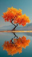 Vibrant orange tree reflecting in calm water on a serene autumn day in a picturesque landscape photo