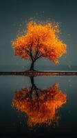 Stunning autumn tree with vibrant orange leaves reflected in calm water at sunrise photo