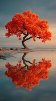 Vibrant autumn tree reflects on tranquil waters at sunset in a serene landscape photo