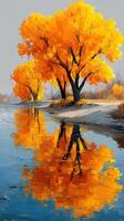 hermosa otoño paisaje con vibrante naranja arboles reflejando en calma agua durante dorado hora foto