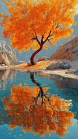 Vibrant orange tree reflecting on calm water in a serene landscape during autumn photo