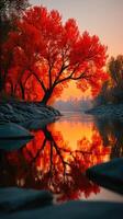 Sunset over tranquil river reflecting vibrant autumn foliage in a serene landscape setting photo