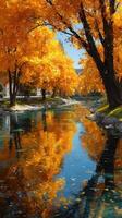 Autumn reflection on a tranquil river surrounded by vibrant orange trees photo