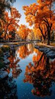 Autumn reflections along a tranquil canal adorned with orange and yellow trees in a serene park setting photo