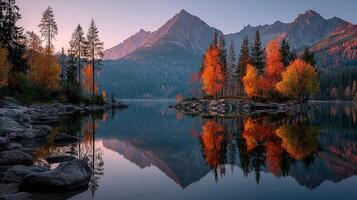 Stunning autumn landscape featuring vibrant trees and serene lake at sunrise in a mountain region photo