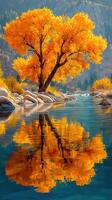 Stunning autumn tree reflects in tranquil river surrounded by vibrant foliage and rocky landscape photo