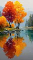 Autumn trees reflecting in calm water at dawn in a tranquil landscape photo