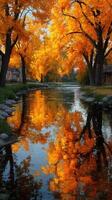 Vibrant autumn landscape with orange trees reflecting in calm river at sunset photo