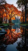Stunning autumn reflections in tranquil park with vibrant orange and yellow foliage at sunset photo