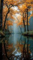 Beautiful autumn forest with vibrant orange leaves reflecting in a calm river during early morning fog photo