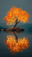 Tree with bright orange leaves reflecting in calm lake at dusk photo