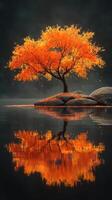 Vibrant orange tree reflected in still water during autumn at a serene lakeside location photo