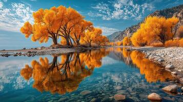 Vibrant autumn trees reflect in serene river water under a bright blue sky photo