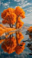 Vibrant autumn trees reflected in a serene river landscape under a clear blue sky photo