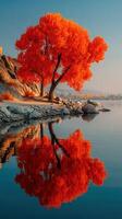 Vibrant autumn tree with striking orange leaves reflected in calm lake water in a serene landscape photo