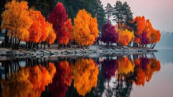 Autumn trees reflecting in calm water at sunrise by the lakeside in a serene natural setting photo