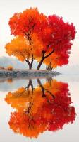 Vibrant autumn trees reflect on calm water at dawn in a serene park setting photo