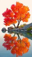 Vibrant autumn tree reflecting in calm water with colorful leaves and rocks along the shore photo