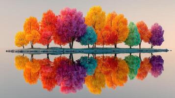Colorful trees reflecting in tranquil water at dawn create a serene natural scene in autumn photo