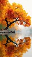 Vibrant autumn tree reflects in calm water at dawn in a serene lakeside setting photo