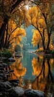 Golden autumn leaves reflecting on a tranquil river near a serene forest during midday photo