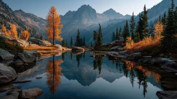 Autumn landscape with reflection of mountains and colorful trees in calm water at sunrise photo