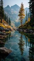 Majestic mountain landscape with reflection in clear water during golden hour in a serene wilderness photo