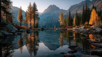 Serene autumn landscape with mountains and reflecting lake at sunrise in a remote wilderness area photo