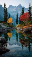 Vibrant autumn landscape with reflections in a serene river surrounded by mountains and colorful trees in a tranquil setting photo