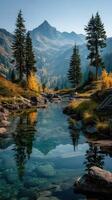 Majestic autumn landscape with striking mountain views and tranquil river reflections in nature photo