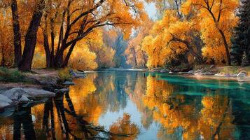 otoño hojas reflejar en un tranquilo río rodeado por vibrante arboles en un pacífico natural ajuste foto