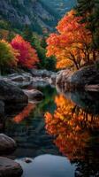 Vibrant autumn colors reflect in a tranquil river surrounded by rocks and trees at sunset photo