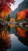 Vibrant autumn colors seen in a serene river landscape surrounded by mountains and trees photo