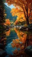 Peaceful autumn reflection in a serene mountain river surrounded by vibrant fall foliage photo
