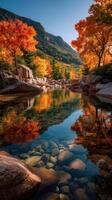 Colorful autumn foliage reflects in calm water surrounded by mountains and rocks in a serene landscape during daylight hours photo