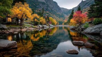 Autumn colors reflect on serene river surrounded by mountains and vibrant trees during twilight photo