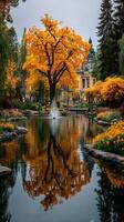 Majestic autumn day in a tranquil park with vibrant orange trees reflecting in a serene pond near an elegant building photo