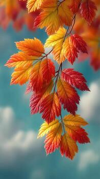 Vibrant autumn leaves displaying bright reds and oranges against a soft blue sky photo