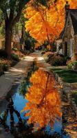 Autumn leaves create a stunning reflection in the water along a tranquil street surrounded by cozy homes photo