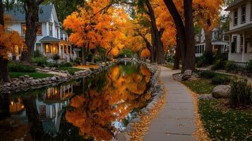 Autumn reflects on a peaceful canal lined with vibrant trees and charming houses in a serene neighborhood park photo