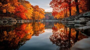 Beautiful autumn reflection of colorful trees along a serene riverbank at sunset photo
