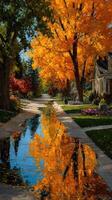 Autumn scene in a peaceful neighborhood with colorful trees and reflection in puddles photo