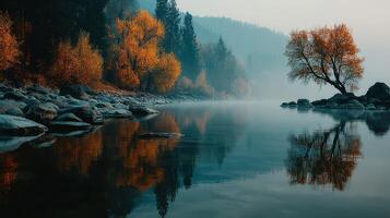 Serene morning by the river with autumn foliage and mist in a tranquil landscape photo