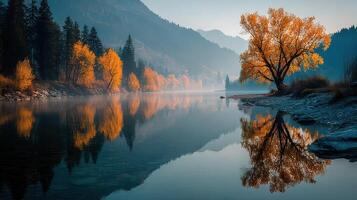 Autumn reflections along a serene river with vibrant orange foliage in a mountainous landscape at dawn photo
