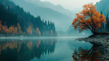 Serene autumn landscape with colorful trees by a calm lake at sunrise in the mountains photo