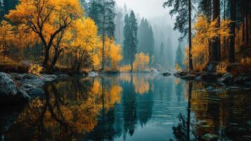 Autumn foliage reflects on tranquil lake surrounded by tall trees in a misty forest photo
