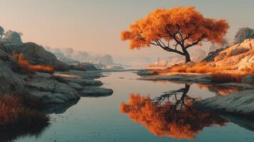 Vibrant autumn landscape with orange tree reflecting in still water near rocky shore during sunset photo