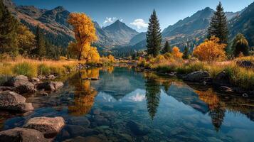 Calm river reflecting autumn foliage in a mountainous valley under blue sky and bright sun photo