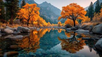 Beautiful autumn landscape with orange trees reflecting in a clear river at sunrise in a mountainous region photo