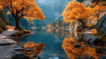 Beautiful autumn landscape with vibrant orange trees reflecting in calm lake and majestic mountains in the background photo
